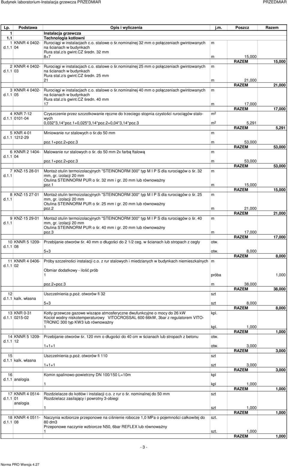 noinalnej 32 o połączeniach gwintowanych Rura stal.z/s gwint.cz średn. 32 8+7 15,000 RAZEM 15,000 Rurociągi w instalacjach c.o. stalowe o śr.noinalnej 25 o połączeniach gwintowanych Rura stal.