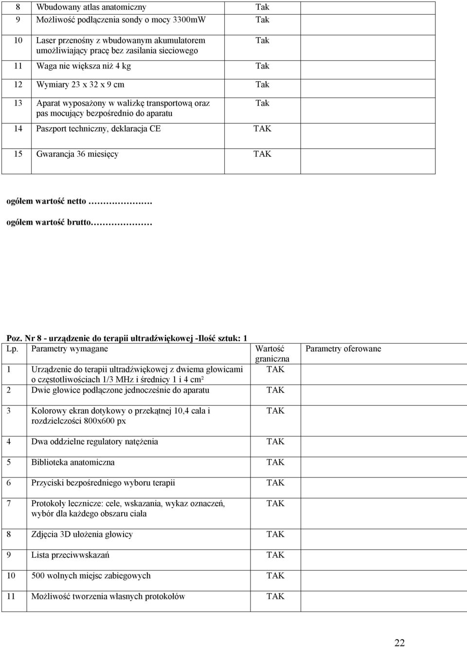 Nr 8 - urządzenie do terapii ultradźwiękowej -Ilość sztuk: 1 Lp.