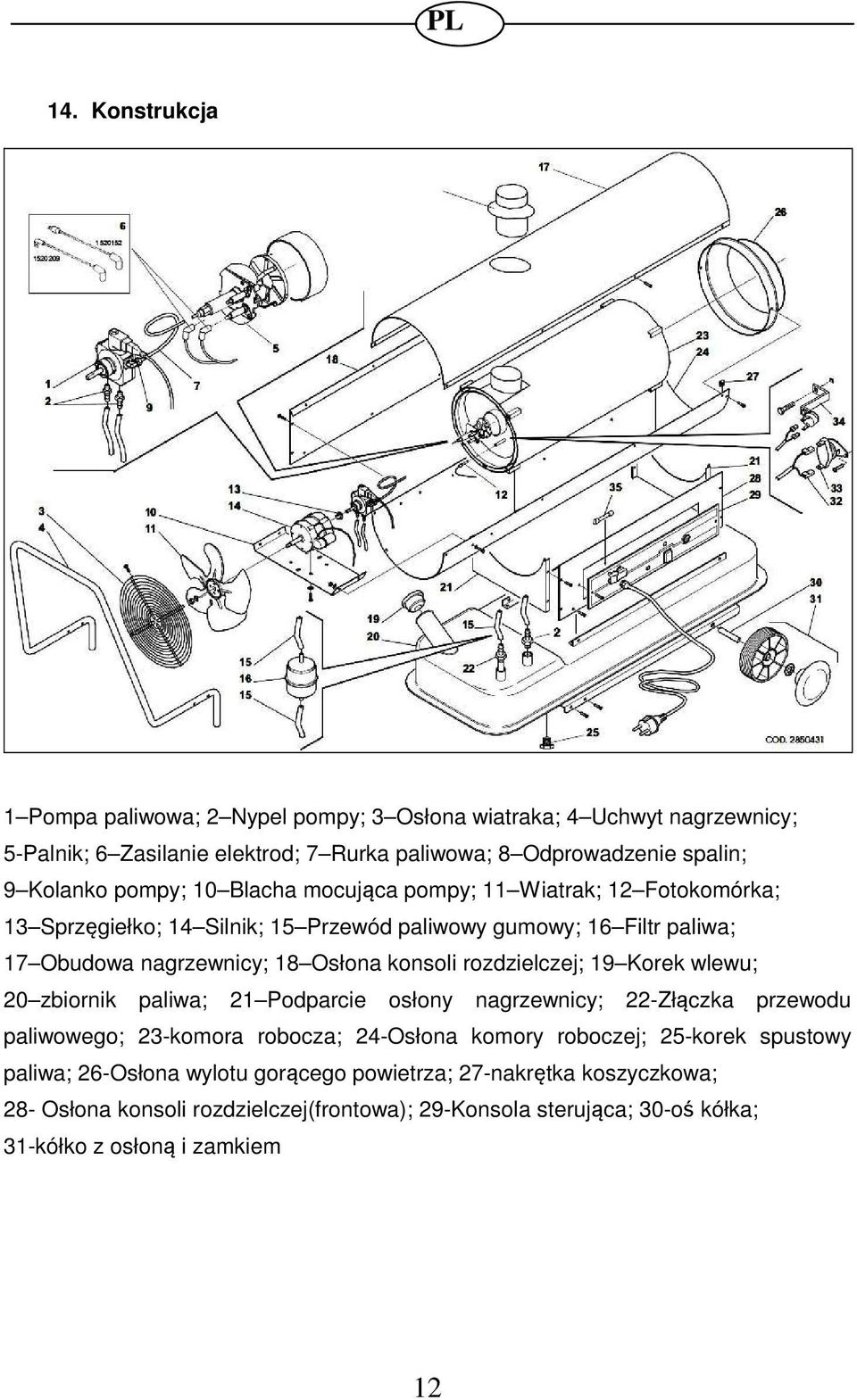 rozdzielczej; 19 Korek wlewu; 20 zbiornik paliwa; 21 Podparcie osłony nagrzewnicy; 22-Złączka przewodu paliwowego; 23-komora robocza; 24-Osłona komory roboczej; 25-korek