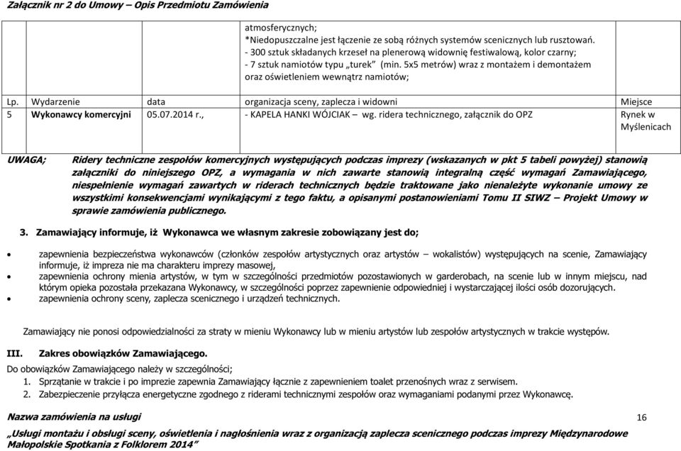 Wydarzenie data organizacja sceny, zaplecza i widowni Miejsce 5 Wykonawcy komercyjni 05.07.2014 r., - KAPELA HANKI WÓJCIAK wg.