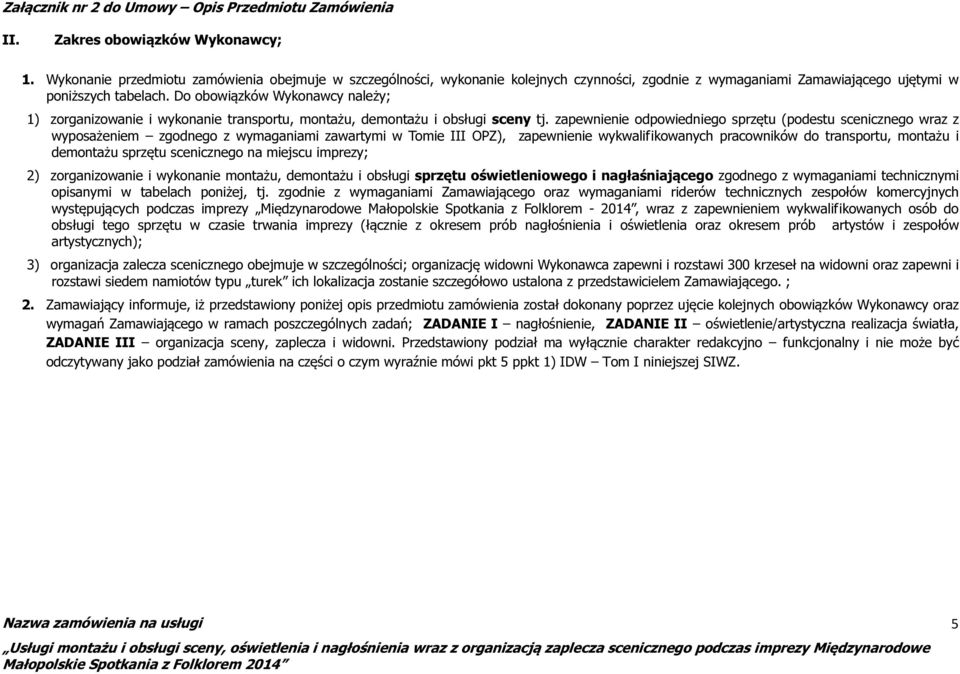 zapewnienie odpowiedniego sprzętu (podestu scenicznego wraz z wyposażeniem zgodnego z wymaganiami zawartymi w Tomie III OPZ), zapewnienie wykwalifikowanych pracowników do transportu, montażu i