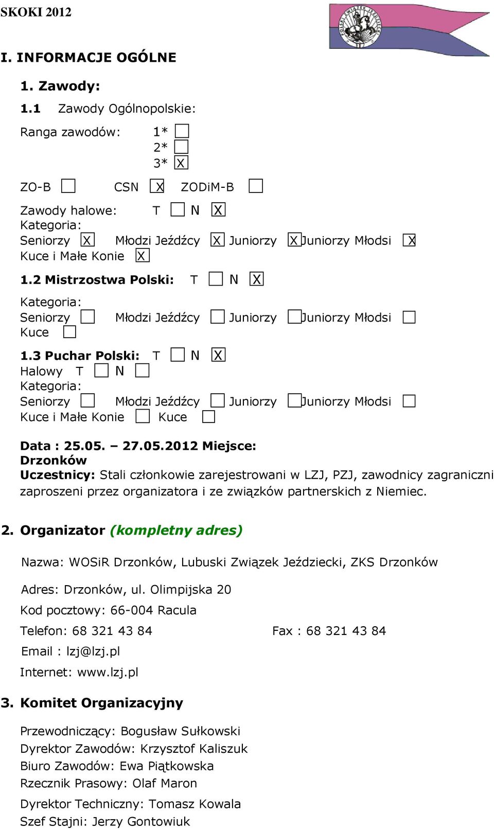 2 Mistrzostwa Polski: T N X Kategoria: Seniorzy Młodzi Jeźdźcy Juniorzy Juniorzy Młodsi Kuce 1.