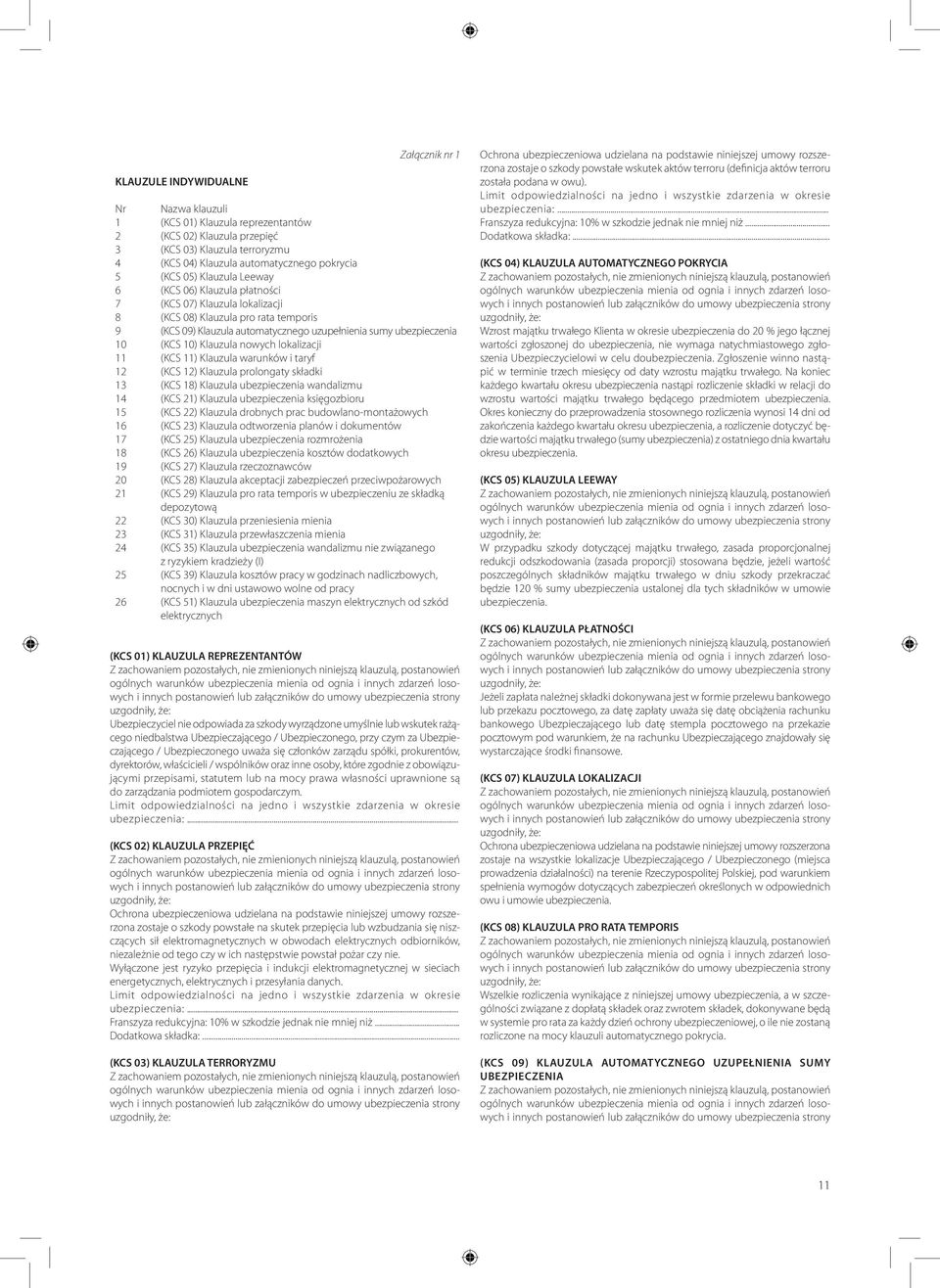 10) Klauzula nowych lokalizacji 11 (KCS 11) Klauzula warunków i taryf 12 (KCS 12) Klauzula prolongaty składki 13 (KCS 18) Klauzula ubezpieczenia wandalizmu 14 (KCS 21) Klauzula ubezpieczenia