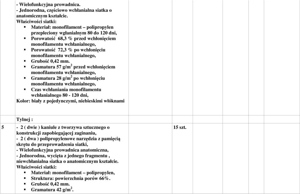 Gramatura 28 g/m 2 po wchłonięciu Czas wchłaniania monofilamentu wchłanialnego 80-120 dni, Tylnej : 5-2 ( dwie ) kaniule z tworzywa sztucznego o - 2 ( dwa ) polipropylenowe narzędzia