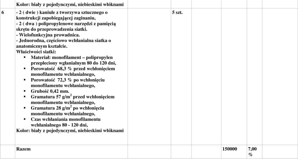 Materiał: monofilament polipropylen przepleciony wgłanialnym 80 do 120 dni, Porowatość 68,3 przed wchłonięciem Porowatość 72,3 po