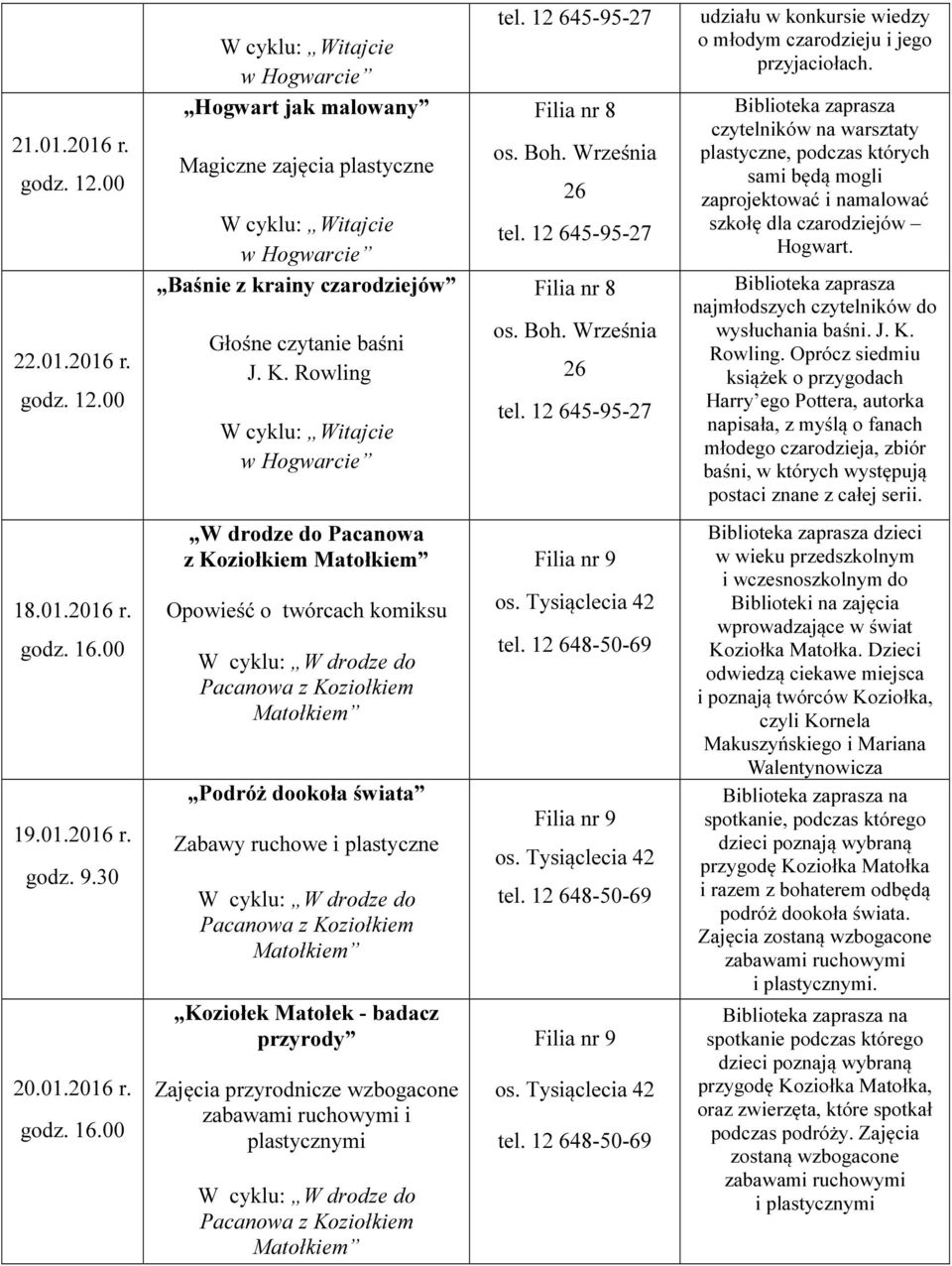 czytelników na warsztaty plastyczne, podczas których sami będą mogli zaprojektować i namalować szkołę dla czarodziejów Hogwart. najmłodszych czytelników do wysłuchania baśni. J. K. Rowling.