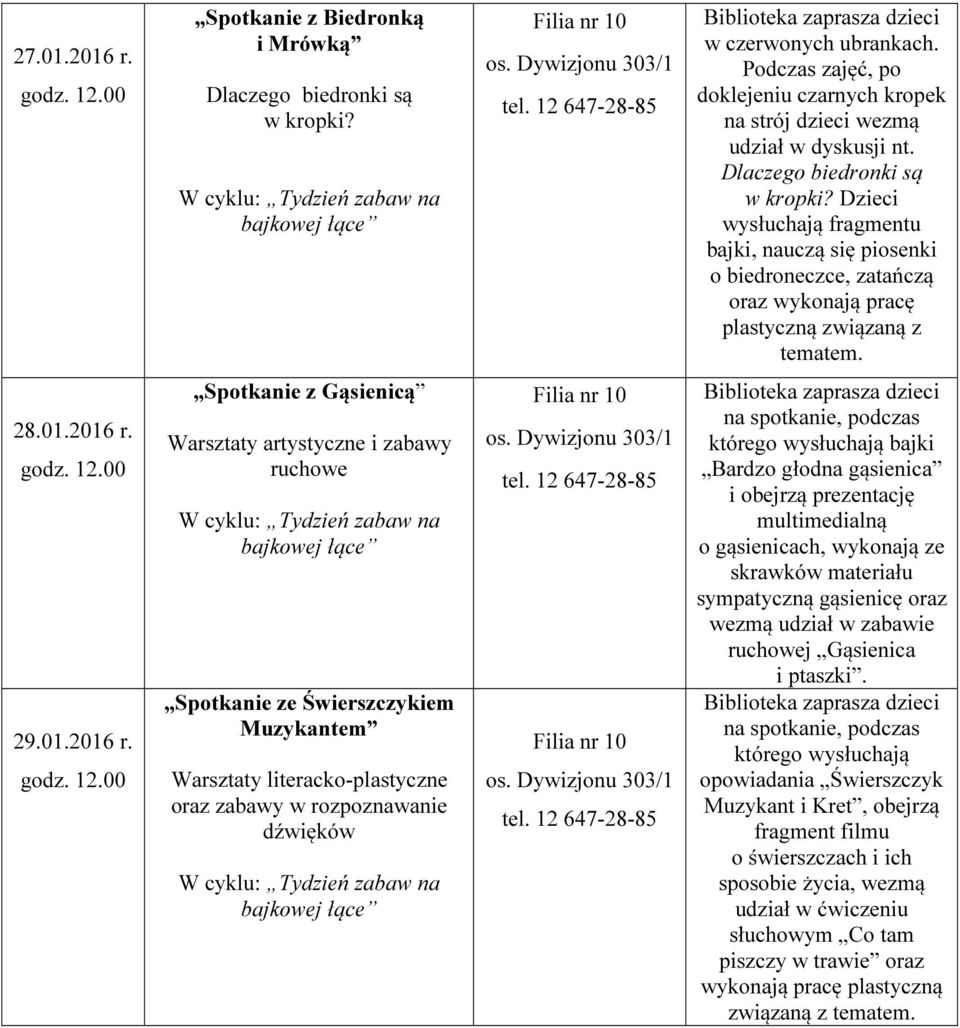 Dzieci wysłuchają fragmentu bajki, nauczą się piosenki o biedroneczce, zatańczą oraz wykonają pracę plastyczną związaną z tematem. 28.01.2016 r.