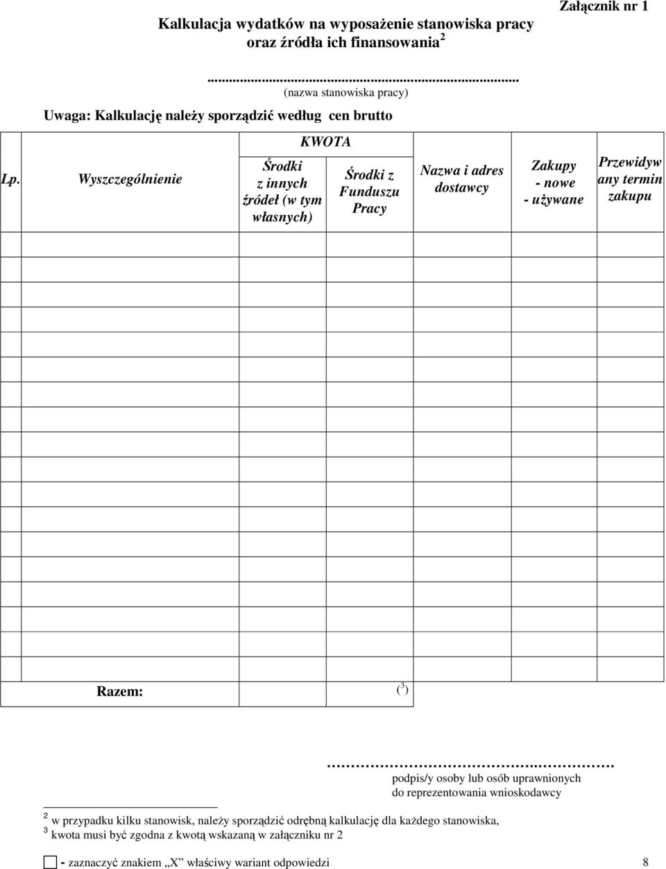 KWOTA Środki z Funduszu Pracy Nazwa i adres dostawcy Zakupy - nowe - używane Przewidyw any termin zakupu Razem: ( 3 ).