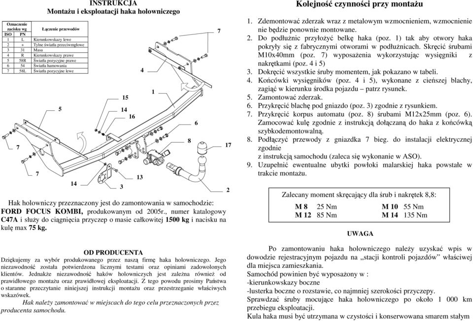 , numer katalogowy C4A i słuŝy do ciągnięcia przyczep o masie całkowitej 1500 kg i nacisku na kulę max 5 kg. OD PRODUCENTA Dziękujemy za wybór produkowanego przez naszą firmę haka holowniczego.