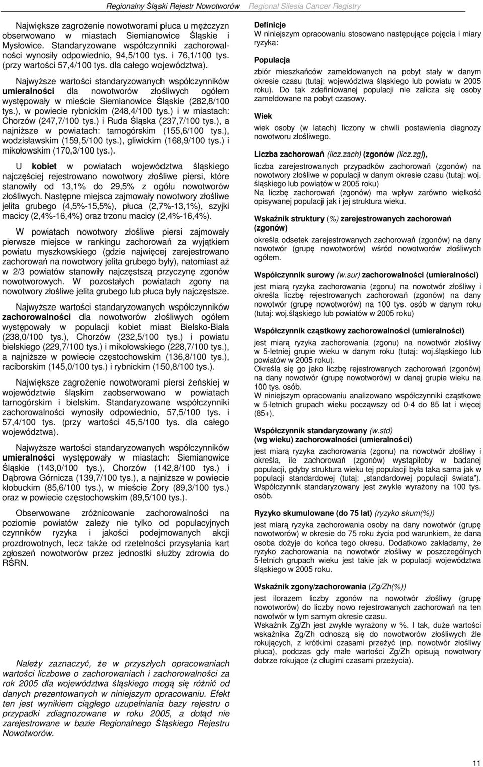 NajwyŜsze wartości standaryzowanych współczynników umieralności dla nowotworów złośliwych ogółem występowały w mieście Siemianowice Śląskie (282,8/0 tys.), w powiecie rybnickim (248,4/0 tys.