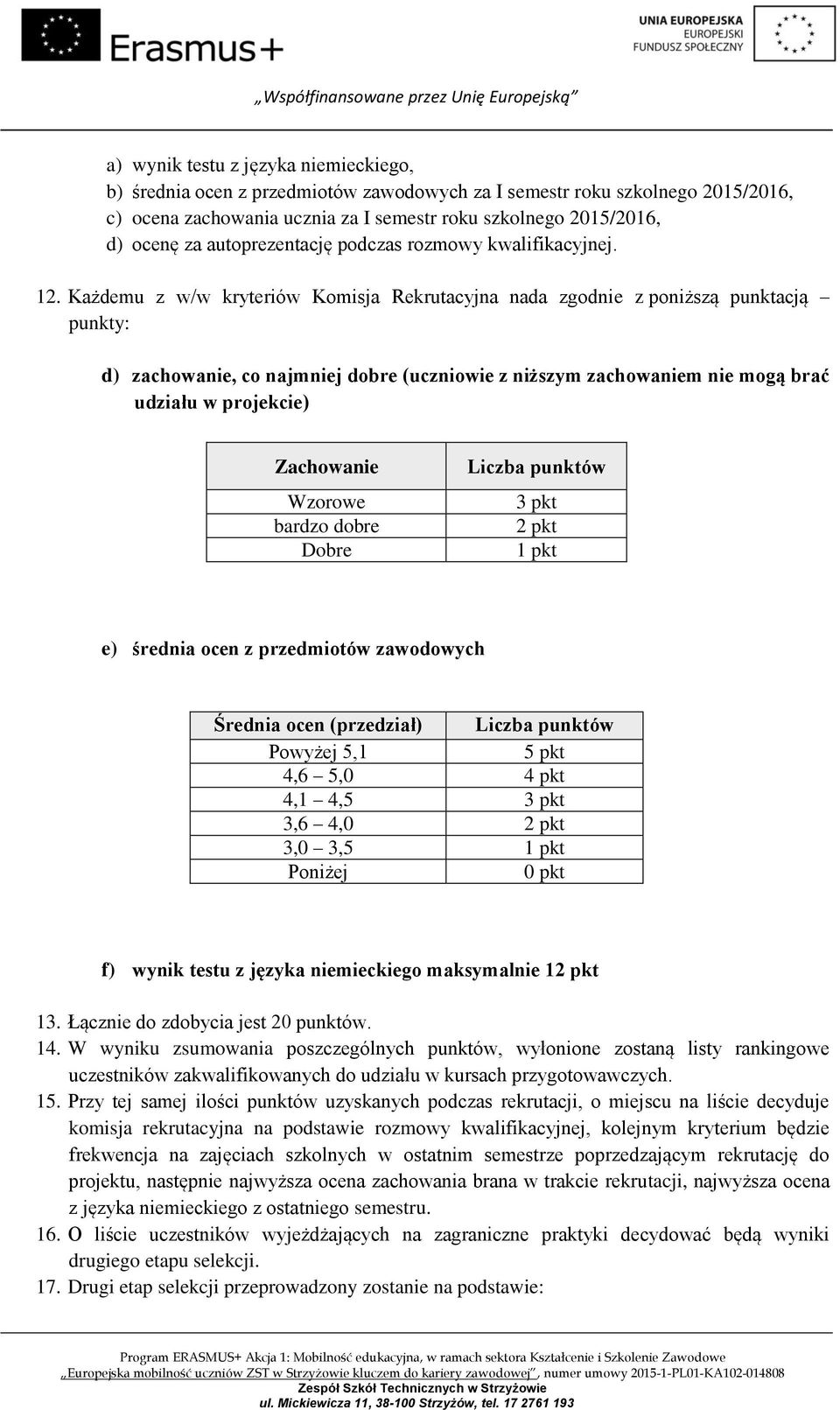 Każdemu z w/w kryteriów Komisja Rekrutacyjna nada zgodnie z poniższą punktacją punkty: d) zachowanie, co najmniej dobre (uczniowie z niższym zachowaniem nie mogą brać udziału w projekcie) Zachowanie