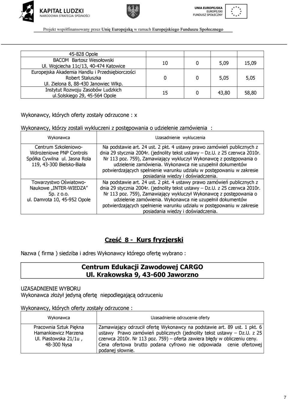 Jasna Rola 119, 43-300 Bielsko-Biała udzielenie zamówienia. nie uzupełnił dokumentów udzielenie zamówienia.
