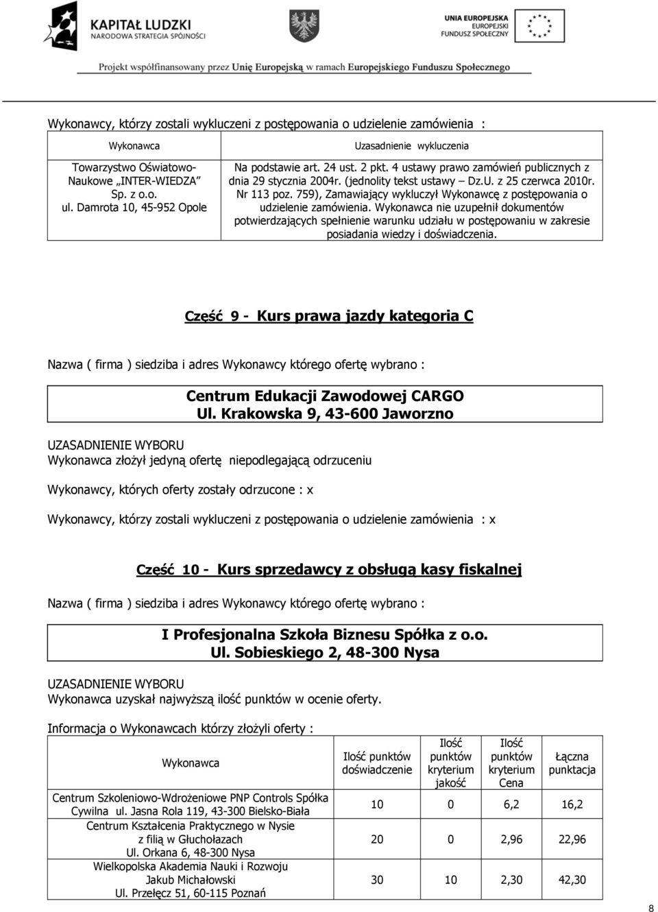 obsługą kasy fiskalnej uzyskał najwyższą ilość w ocenie oferty.