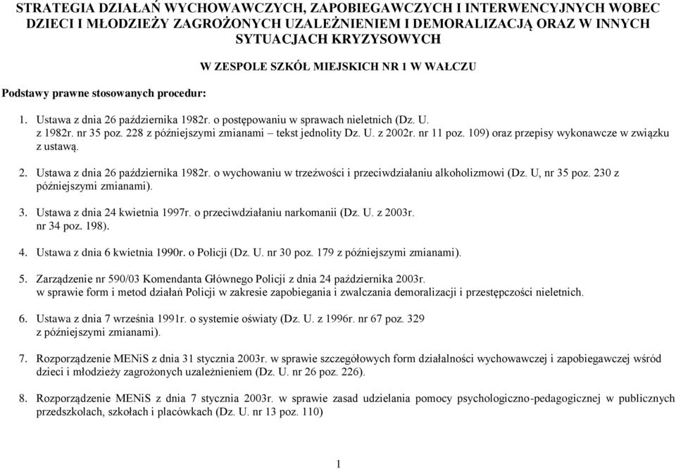 228 z późniejszymi zmianami tekst jednolity Dz. U. z 2002r. nr 11 poz. 109) oraz przepisy wykonawcze w związku z ustawą. 2. Ustawa z dnia 26 października 1982r.