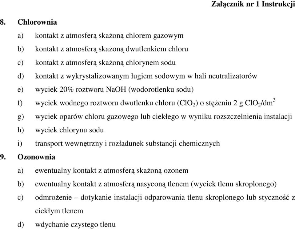 w hali neutralizatorów e) wyciek 20% roztworu NaOH (wodorotlenku sodu) f) wyciek wodnego roztworu dwutlenku chloru (ClO 2 ) o stęŝeniu 2 g ClO 2 /dm 3 g) wyciek oparów chloru gazowego lub ciekłego w