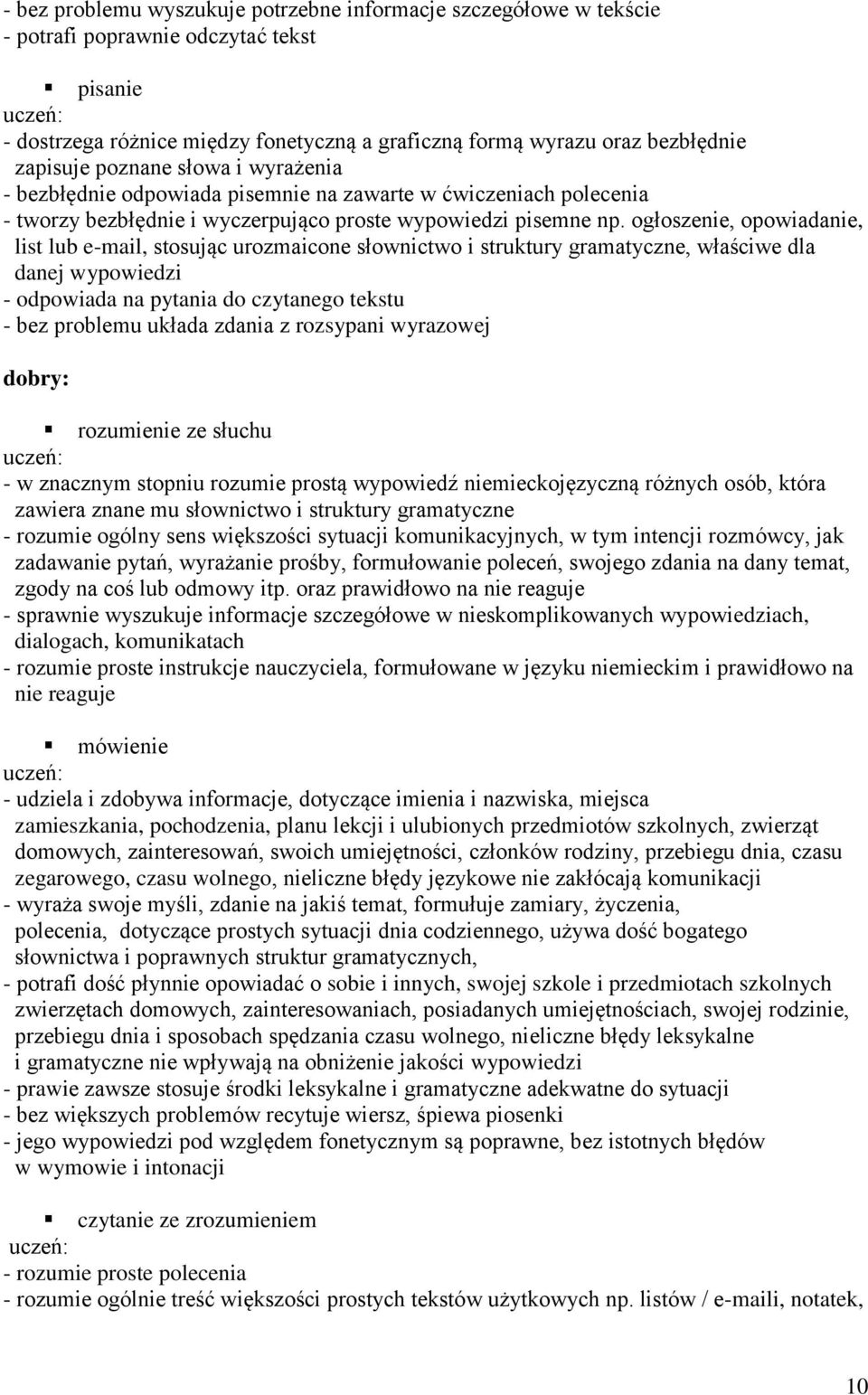 ogłoszenie, opowiadanie, list lub e-mail, stosując urozmaicone słownictwo i struktury gramatyczne, właściwe dla danej wypowiedzi - odpowiada na pytania do czytanego tekstu - bez problemu układa