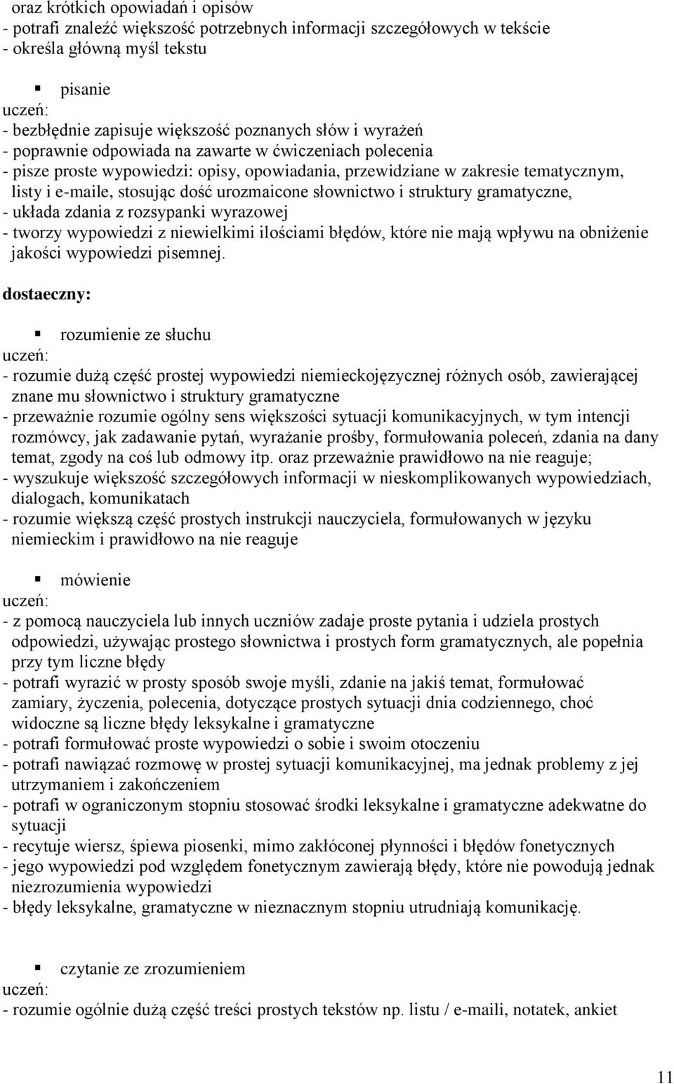 struktury gramatyczne, - układa zdania z rozsypanki wyrazowej - tworzy wypowiedzi z niewielkimi ilościami błędów, które nie mają wpływu na obniżenie jakości wypowiedzi pisemnej.