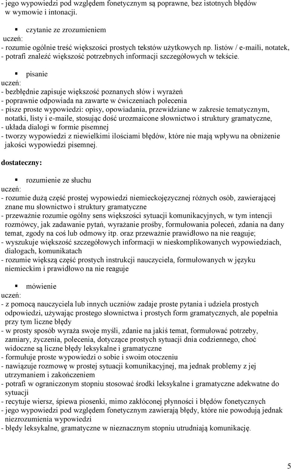 - bezbłędnie zapisuje większość poznanych słów i wyrażeń - poprawnie odpowiada na zawarte w ćwiczeniach polecenia - pisze proste wypowiedzi: opisy, opowiadania, przewidziane w zakresie tematycznym,