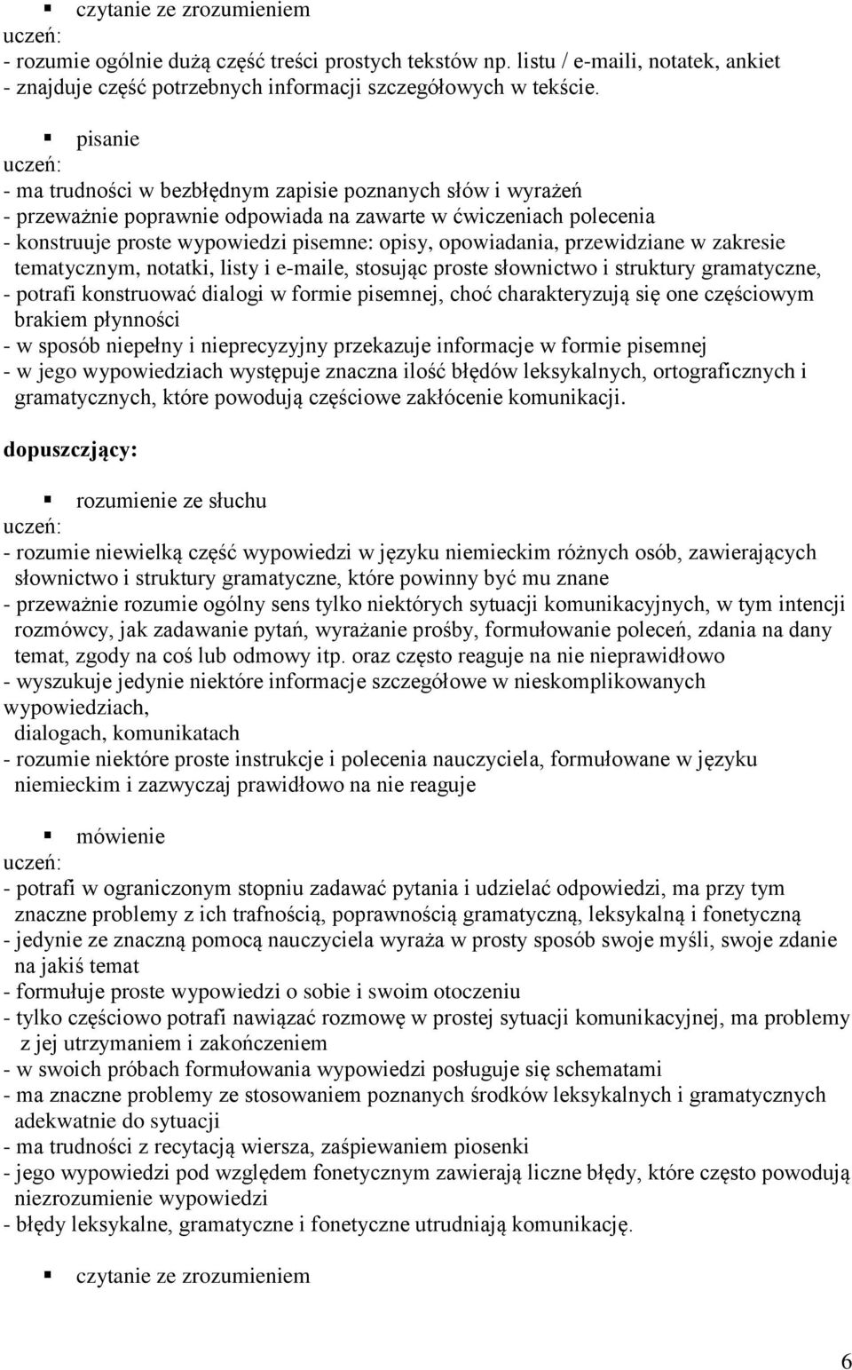 przewidziane w zakresie tematycznym, notatki, listy i e-maile, stosując proste słownictwo i struktury gramatyczne, - potrafi konstruować dialogi w formie pisemnej, choć charakteryzują się one