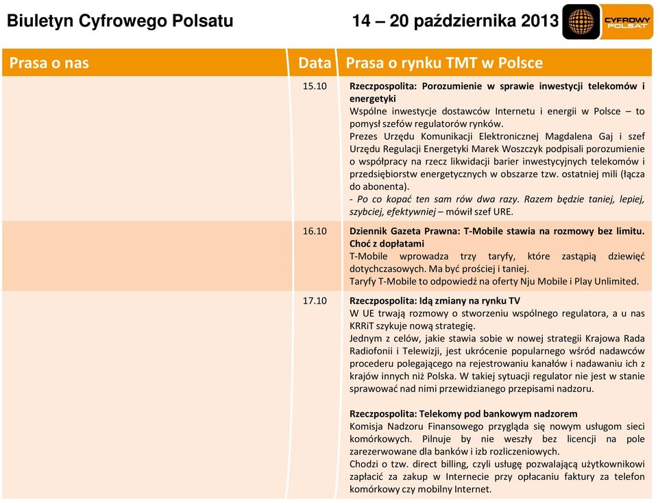 Prezes Urzędu Komunikacji Elektronicznej Magdalena Gaj i szef Urzędu Regulacji Energetyki Marek Woszczyk podpisali porozumienie o współpracy na rzecz likwidacji barier inwestycyjnych telekomów i