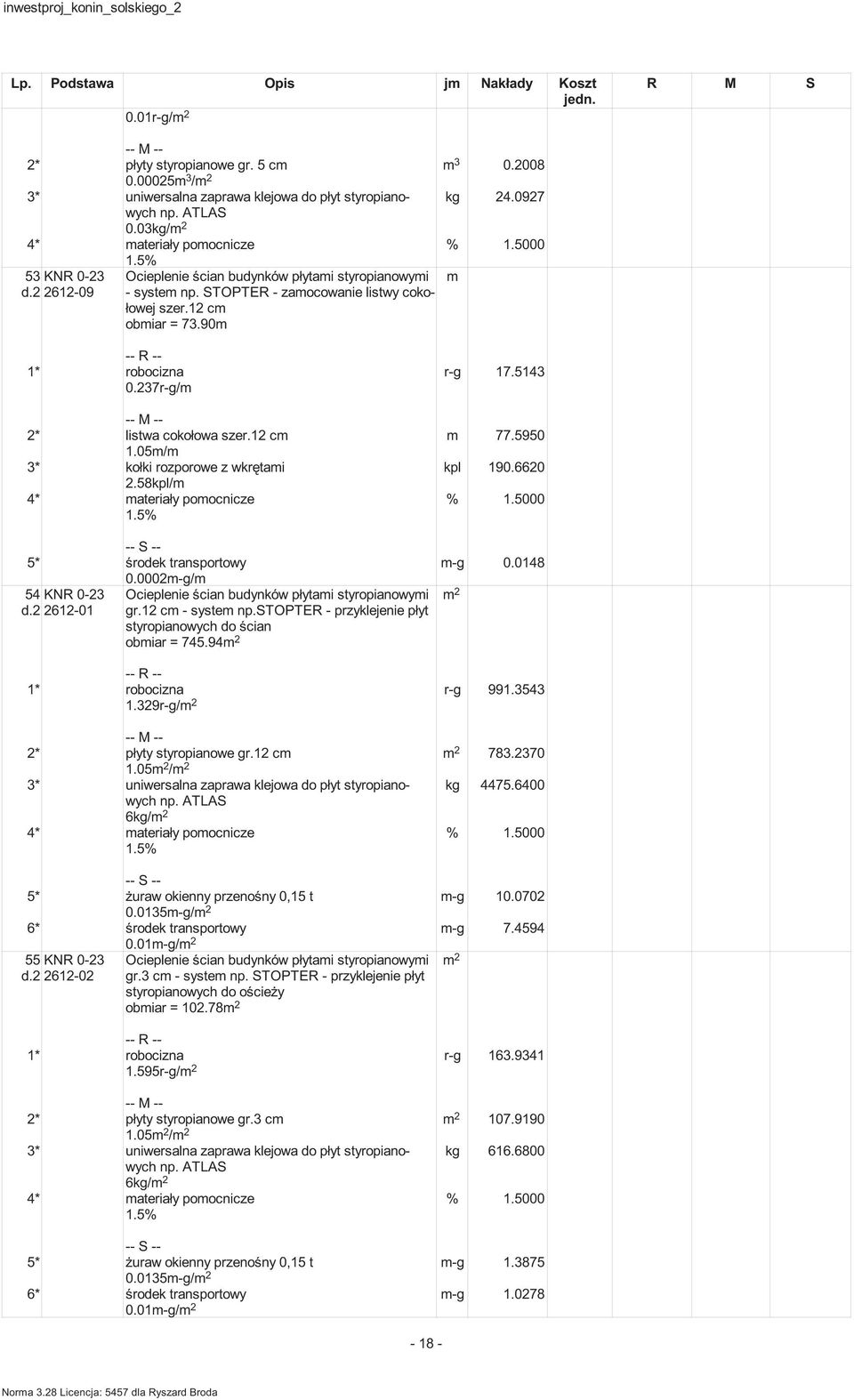 58kpl/ 5* rodek transportowy -g 0.0148 0.0002-g/ 54 KNR 0-23 d.2 2612-01 gr.12 c - syste np.stopter - przyklejenie płyt styropianowych do cian obiar = 745.94 1* robocizna r-g 991.3543 1.