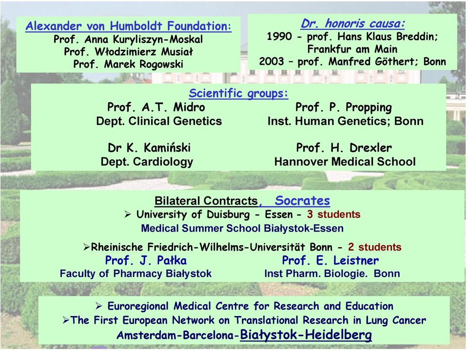 Cardiology Hannover Medical School Bilateral Contracts, Socrates University of Duisburg - Essen - 3 students Medical Summer School Białystok-Essen Rheinische Friedrich-Wilhelms-Universität Bonn - 2