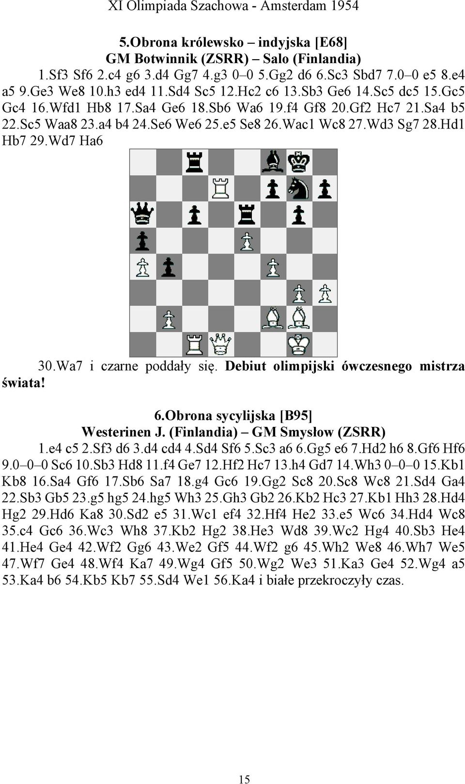 Debiut olimpijski ówczesnego mistrza świata! 6.Obrona sycylijska [B95] Westerinen J. (Finlandia) GM Smysłow (ZSRR) 1.e4 c5 2.Sf3 d6 3.d4 cd4 4.Sd4 Sf6 5.Sc3 a6 6.Gg5 e6 7.Hd2 h6 8.Gf6 Hf6 9.