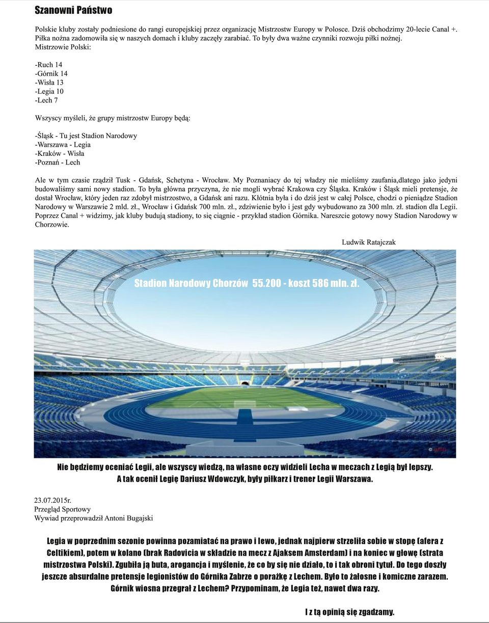Mistrzowie Polski: -Ruch 14 -Górnik 14 -Wisła 13 -Legia 10 -Lech 7 Wszyscy myśleli, że grupy mistrzostw Europy będą: -Śląsk - Tu jest Stadion Narodowy -Warszawa - Legia -Kraków - Wisła -Poznań - Lech