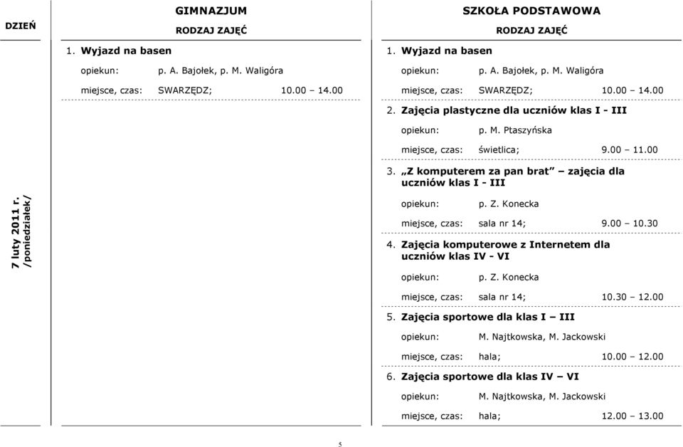 /poniedziałek/ miejsce, czas: sala nr 14; 9.00 10.30 4. Zajęcia komputerowe z Internetem dla uczniów klas IV - VI miejsce, czas: sala nr 14; 10.30 12.00 5.