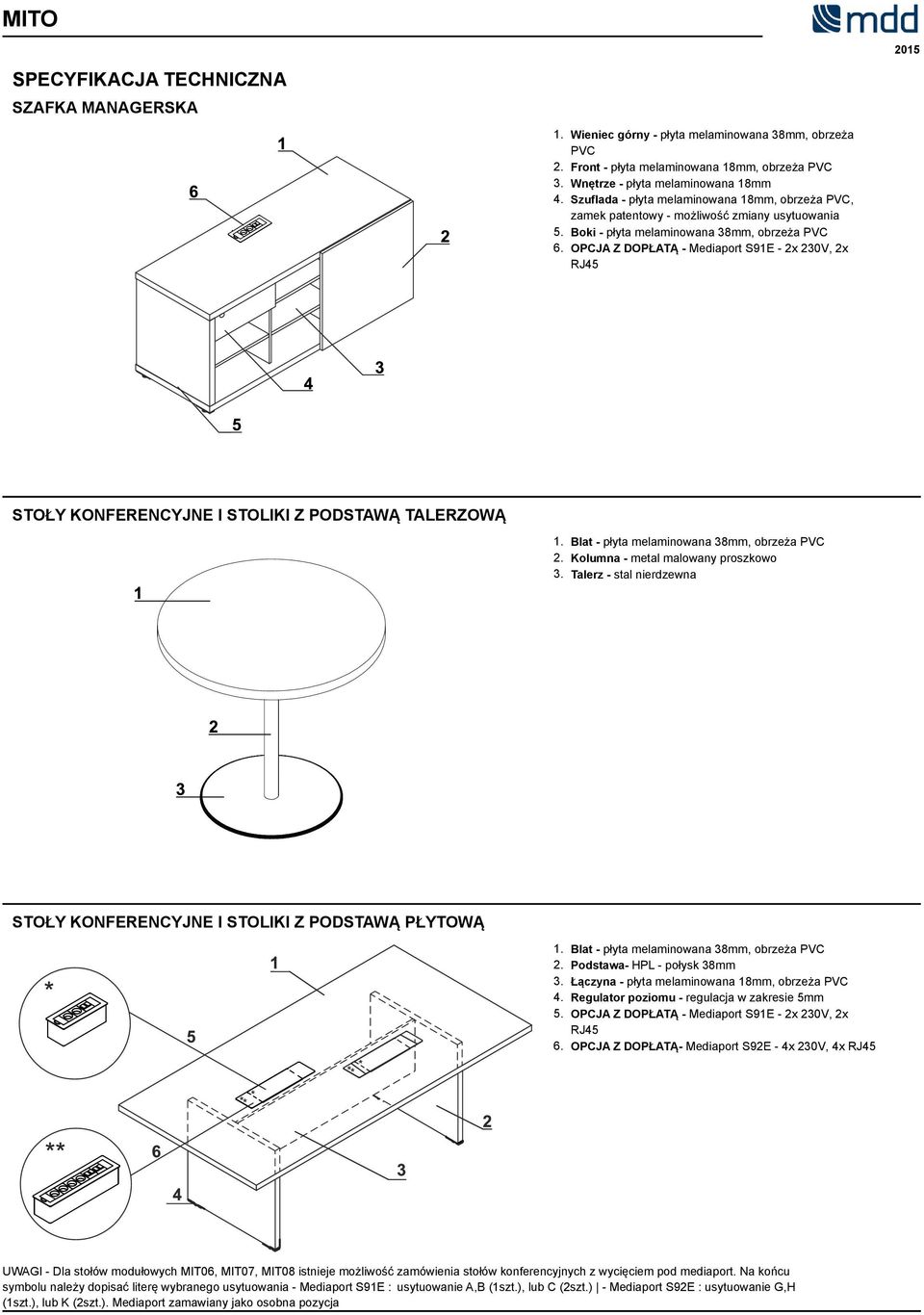 zmiany usytuowania Boki - płyta melaminowana 38mm, obrzeża OPCJA Z DOPŁATĄ - Mediaport S91E - 2x 230V, 2x RJ45 STOŁY KONFERENCYJNE I STOLIKI Z PODSTAWĄ TALERZOWĄ 1. 2. 3. Blat - płyta melaminowana 38mm, obrzeża Kolumna - metal malowany proszkowo Talerz - stal nierdzewna STOŁY KONFERENCYJNE I STOLIKI Z PODSTAWĄ PŁYTOWĄ 1.