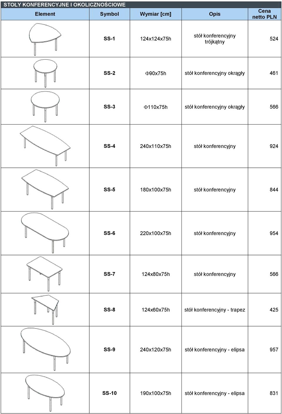 konferencyjny 844 SS-6 220x100x75h stół konferencyjny 954 SS-7 124x80x75h stół konferencyjny 566 SS-8 124x60x75h stół