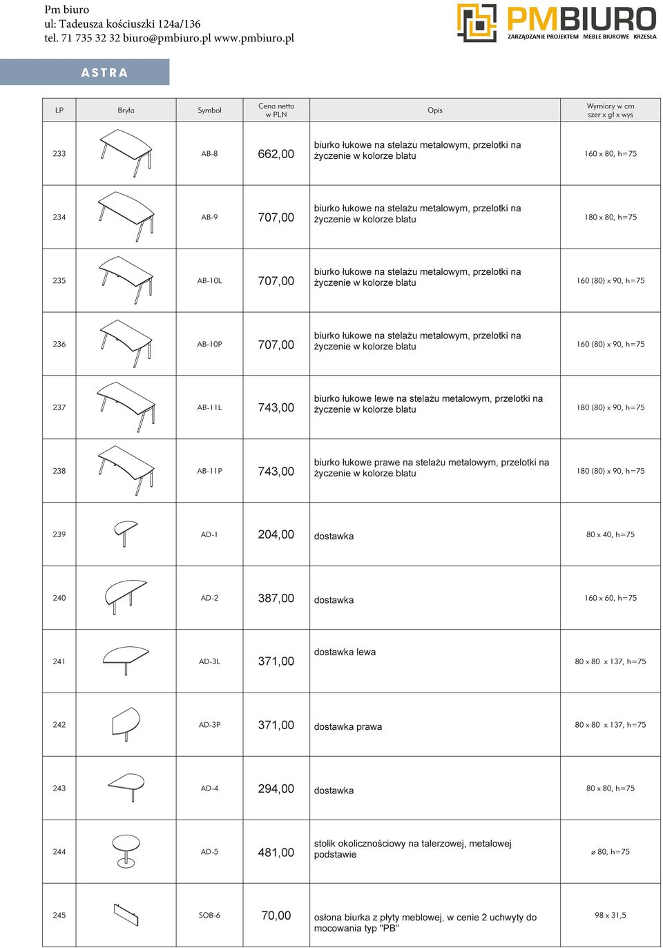 przelotki na 238 AB-11P 743,00 yczenie w kolorze blatu 180 (80) x 90, h=75 204,00 239 AD-1 dostawka 80 x 40, h=75 387,00 240 AD-2 dostawka 160 x 60, h=75 dostawka lewa 241 AD-3L 80 x 80 x 137, h=75