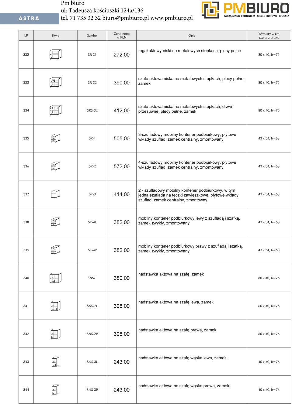 centralny, zmontowany 43 x 54, h=63 4-szufladowy mobilny kontener podbiurkowy, p ytowe 336 SK-2 572,00 wk ady szuflad, zamek centralny, zmontowany 43 x 54, h=63 337 SK-3 414,00 2 - szufladowy mobilny