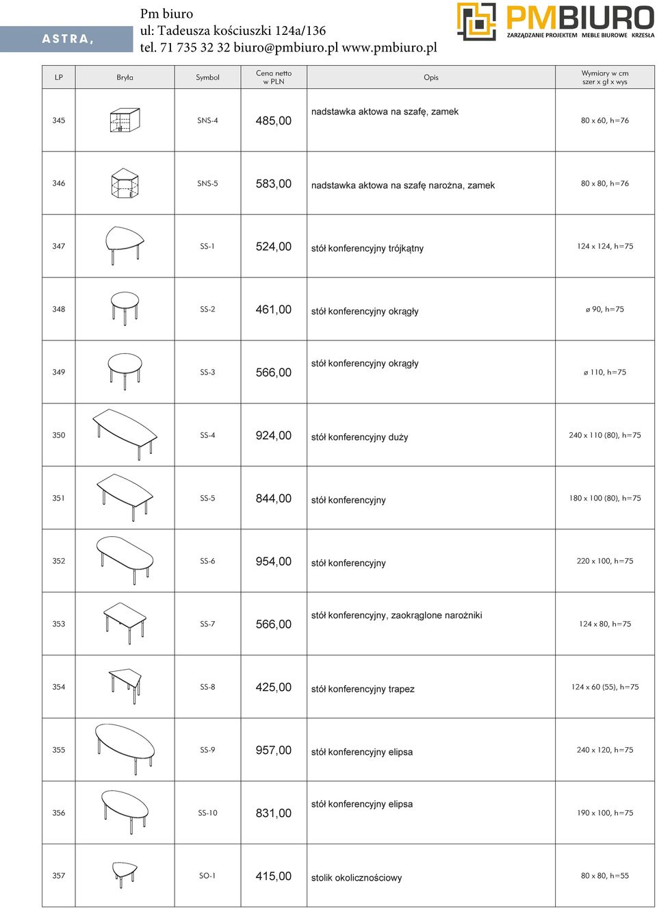 stó konferencyjny 180 x 100 (80), h=75 954,00 352 SS-6 stó konferencyjny 220 x 100, h=75 stó konferencyjny, zaokr glone naro niki 353 SS-7 124 x 80, h=75 566,00 425,00 354 SS-8 stó konferencyjny