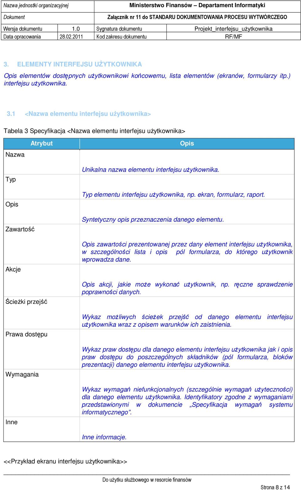 Typ elementu interfejsu uŝytkownika, np. ekran, formularz, raport. Zawartość Akcje ŚcieŜki przejść Prawa dostępu Wymagania Inne Syntetyczny opis przeznaczenia danego elementu.