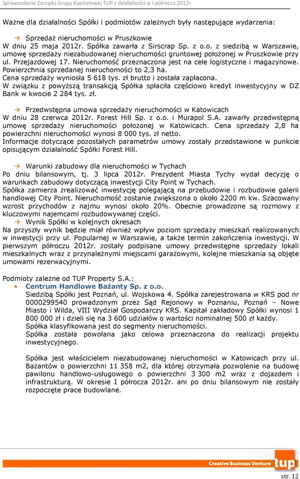 W związku z powyższą transakcją Spółka spłaciła częściowo kredyt inwestycyjny w DZ Bank w kwocie 2 284 tys. zł. Przedwstępna umowa sprzedaży nieruchomości w Katowicach W dniu 28 czerwca 2012r.