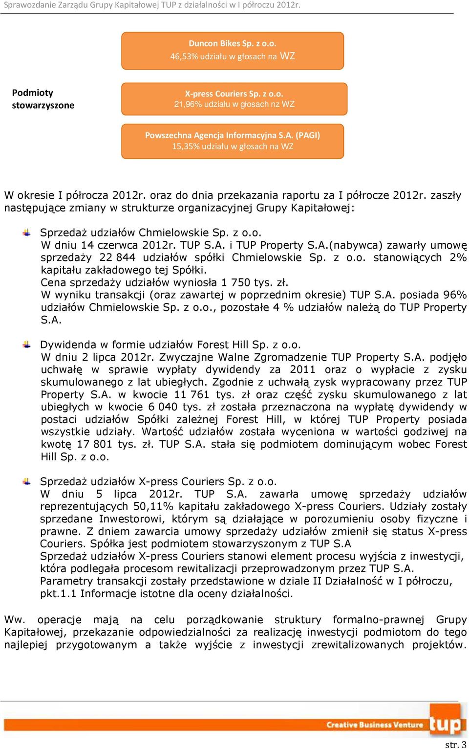zaszły następujące zmiany w strukturze organizacyjnej Grupy Kapitałowej: Sprzedaż udziałów Chmielowskie Sp. z o.o. W dniu 14 czerwca 2012r. TUP S.A.