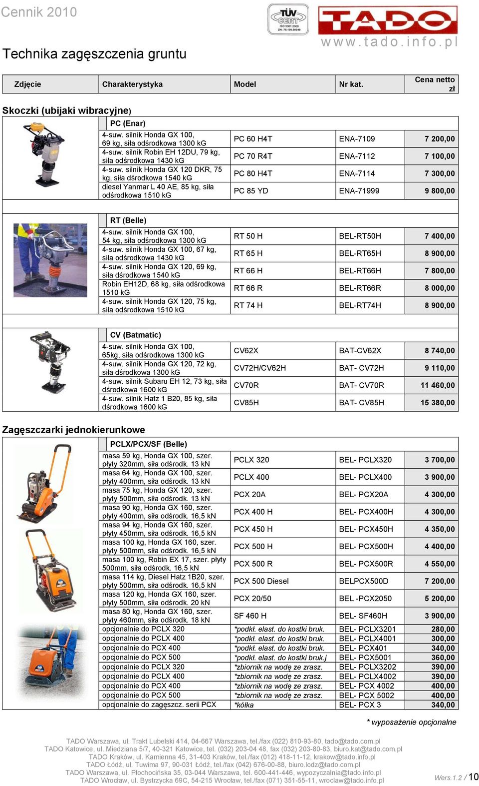 silnik Honda GX 120 DKR, 75 kg, siła dśrodkowa 1540 kg diesel Yanmar L 40 AE, 85 kg, siła odśrodkowa 1510 kg PC 60 H4T ENA-7109 7 200,00 PC 70 R4T ENA-7112 7 100,00 PC 80 H4T ENA-7114 7 300,00 PC 85