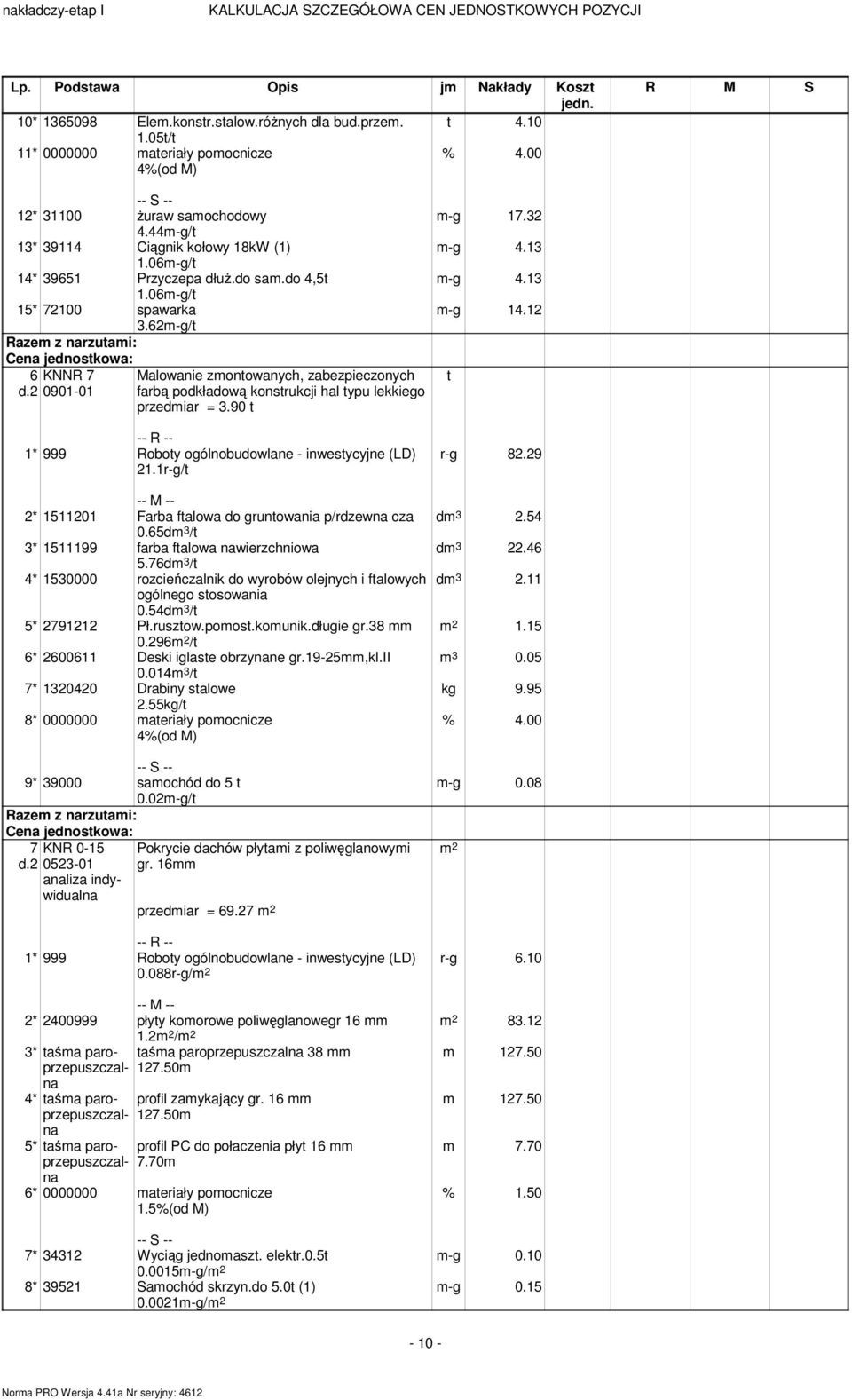 62m-g/t 6 KNNR 7 Malowanie zmontowanych, zabezpieczonych d.2 0901-01 farbą podkładową konstrukcji hal typu lekkiego przedmiar = 3.90 t 21.