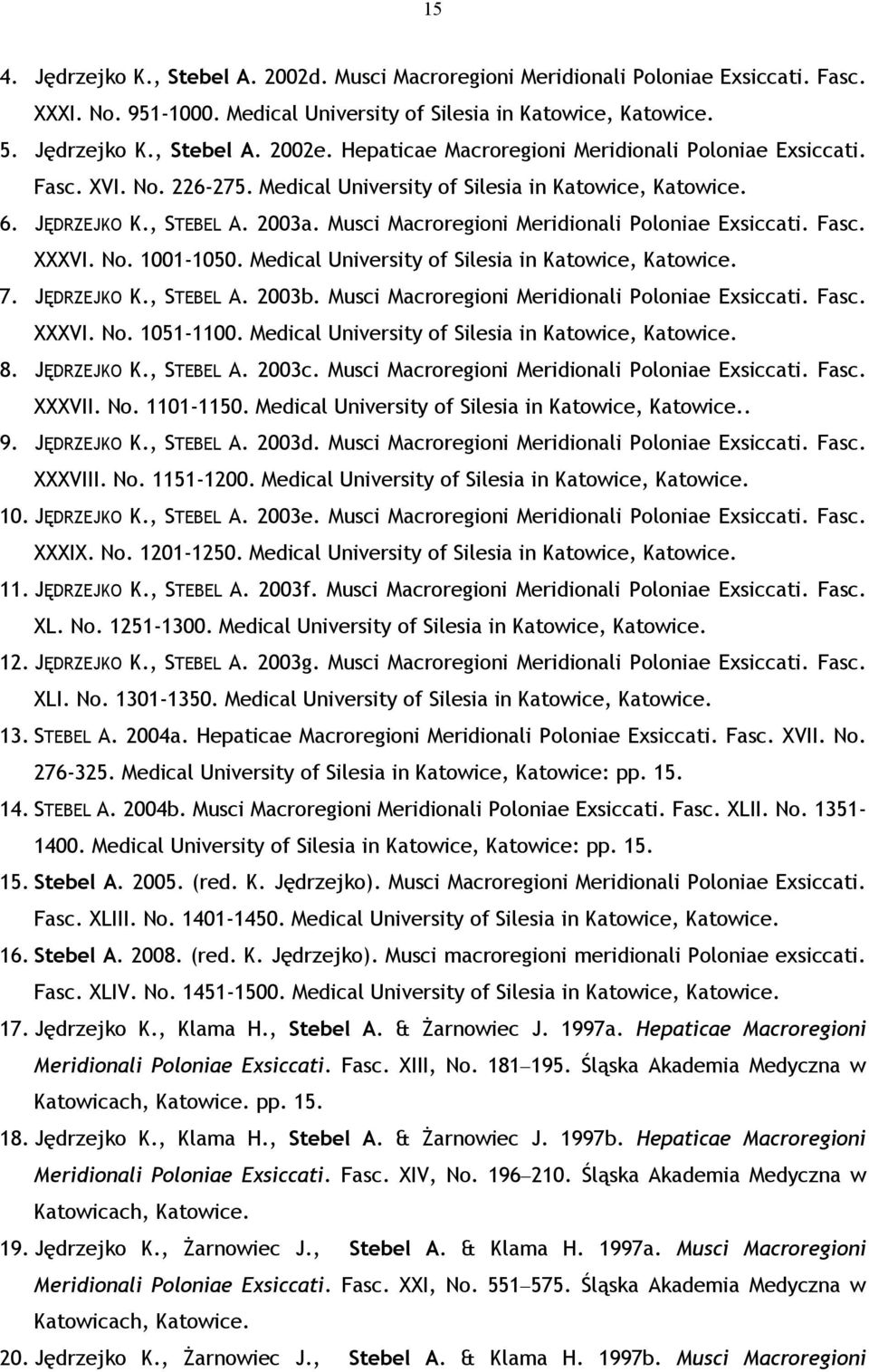 Musci Macroregioni Meridionali Poloniae Exsiccati. Fasc. XXXVI. No. 1001-1050. Medical University of Silesia in Katowice, Katowice. 7. JĘDRZEJKO K., STEBEL A. 2003b.