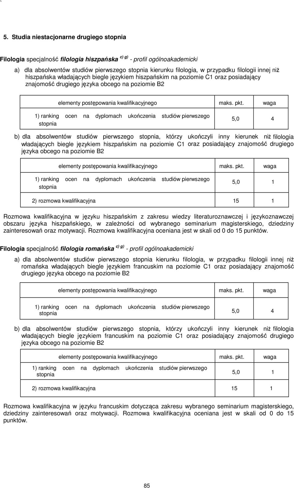 kierunek niŝ filologia władających biegle językiem hiszpańskim na poziomie C1 oraz posiadający znajomość drugiego języka obcego na poziomie B2 5,0 1 2) rozmowa kwalifikacyjna 15 1 Rozmowa