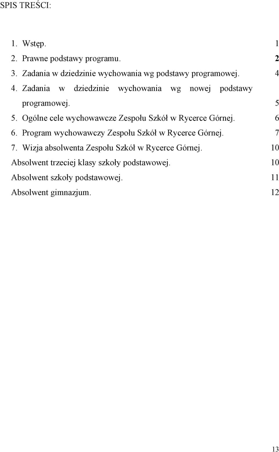 Ogólne cele wychowawcze Zespołu Szkół w Rycerce Górnej. 6. Program wychowawczy Zespołu Szkół w Rycerce Górnej. 7.