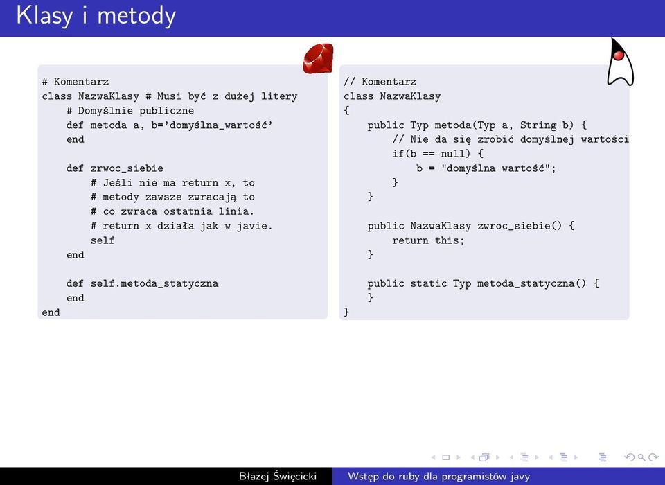 self // Komentarz class NazwaKlasy { public Typ metoda(typ a, String b) { // Nie da się zrobić domyślnej wartości if(b == null) {