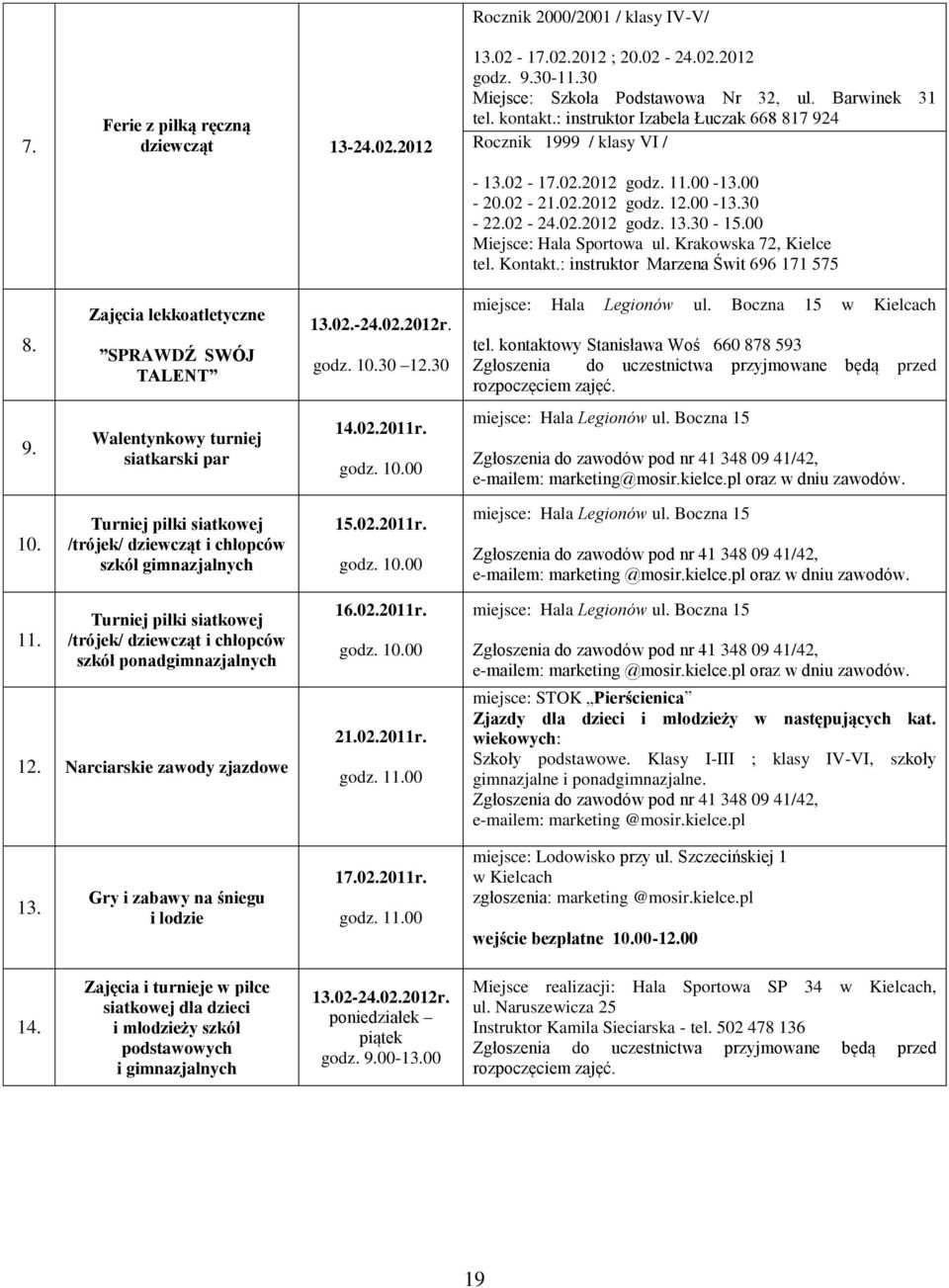 Krakowska 72, Kielce tel. Kontakt.: instruktor Marzena Świt 696 171 575 8. Zajęcia lekkoatletyczne SPRAWDŹ SWÓJ TALENT 13.02.-24.02. godz. 10.30 12.30 miejsce: Hala Legionów ul.
