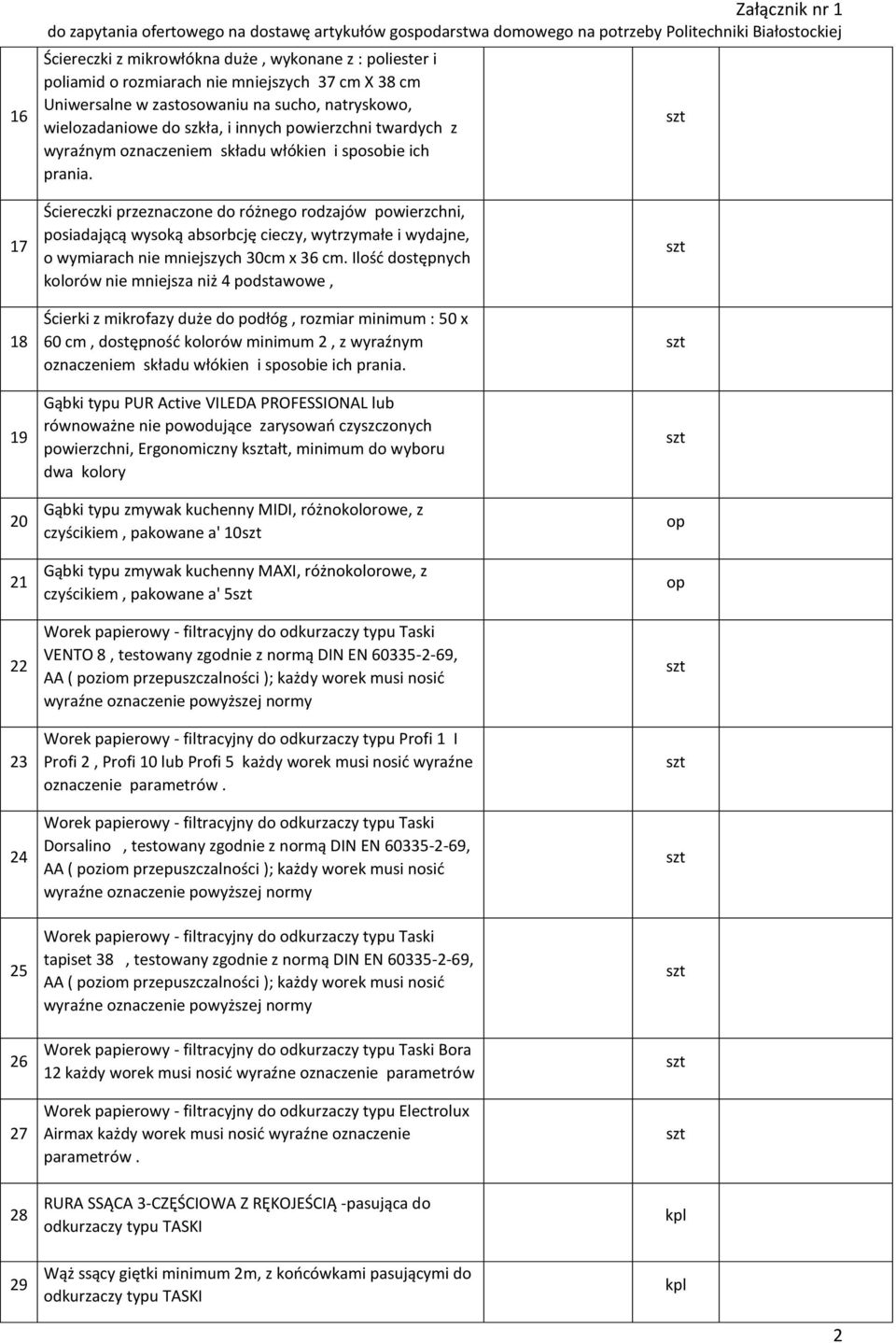 17 18 19 20 21 22 23 24 Ściereczki przeznaczone do różnego rodzajów powierzchni, posiadającą wysoką absorbcję cieczy, wytrzymałe i wydajne, o wymiarach nie mniejszych 30cm x 36 cm.