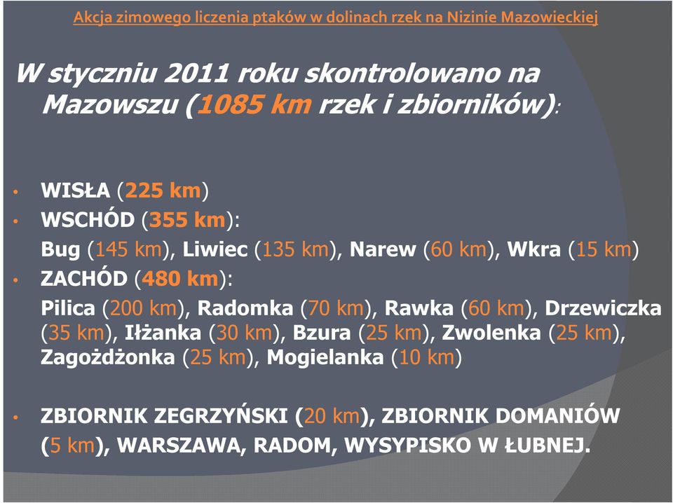 km), Rawka (60 km), Drzewiczka (35 km), Iłżanka (30 km), Bzura (25 km), Zwolenka (25 km), Zagożdżonka (25