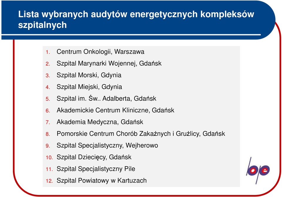 . Adalberta, Gdańsk 6. Akademickie Centrum Kliniczne, Gdańsk 7. Akademia Medyczna, Gdańsk 8.