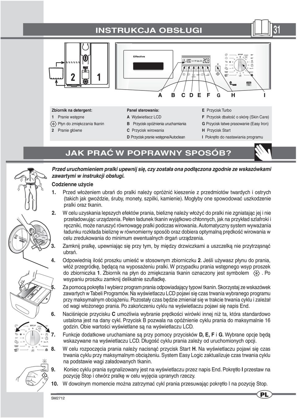 POPRAWNY SPOSÓB? Przed uruchomieniem pralki upewnij się, czy została ona podłączona zgodnie ze wskazówkami zawartymi w instrukcji obsługi. Codzienne użycie 1.