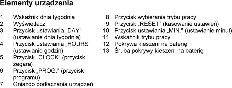 (ustawianie godzin) Przycisk CLOCK (przycisk zegara) Przycisk PROG. (przycisk programu) Gniazdo podłączania urządzeń 8. 9.