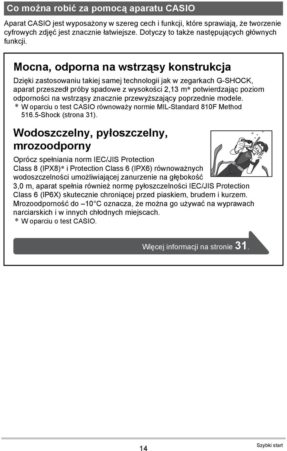 Mocna, odporna na wstrząsy konstrukcja Dzięki zastosowaniu takiej samej technologii jak w zegarkach G-SHOCK, aparat przeszedł próby spadowe z wysokości 2,13 m* potwierdzając poziom odporności na